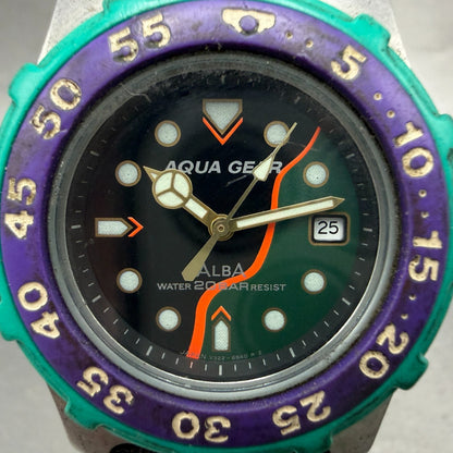 Seiko ALBA Aqua Gear Dive Watch 37mm Black&Green Dial Silver Tone Date New batt1
