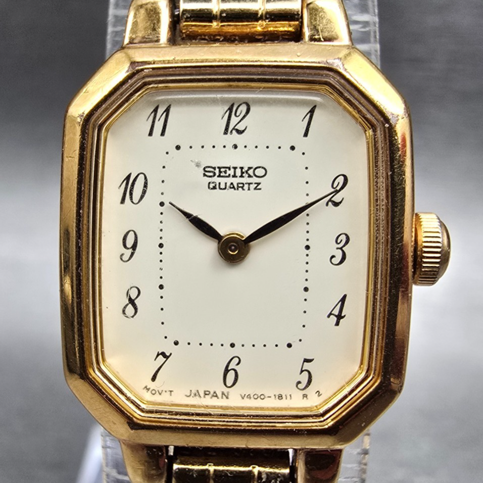Seiko Watch Women 17mm Ivory Dial Gold Tone Rectangle V400-5608 New Battery JP431