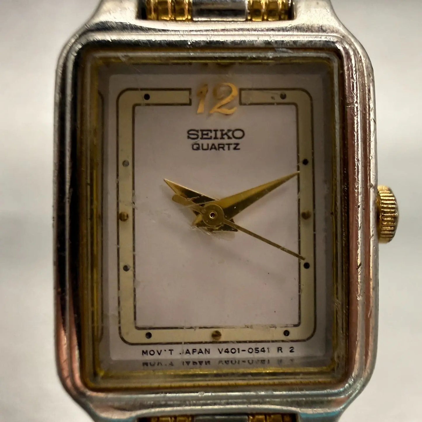 Seiko Watch Women 17mm White Dial Two Tone Rectangle V401-5129 New Battery VTG1
