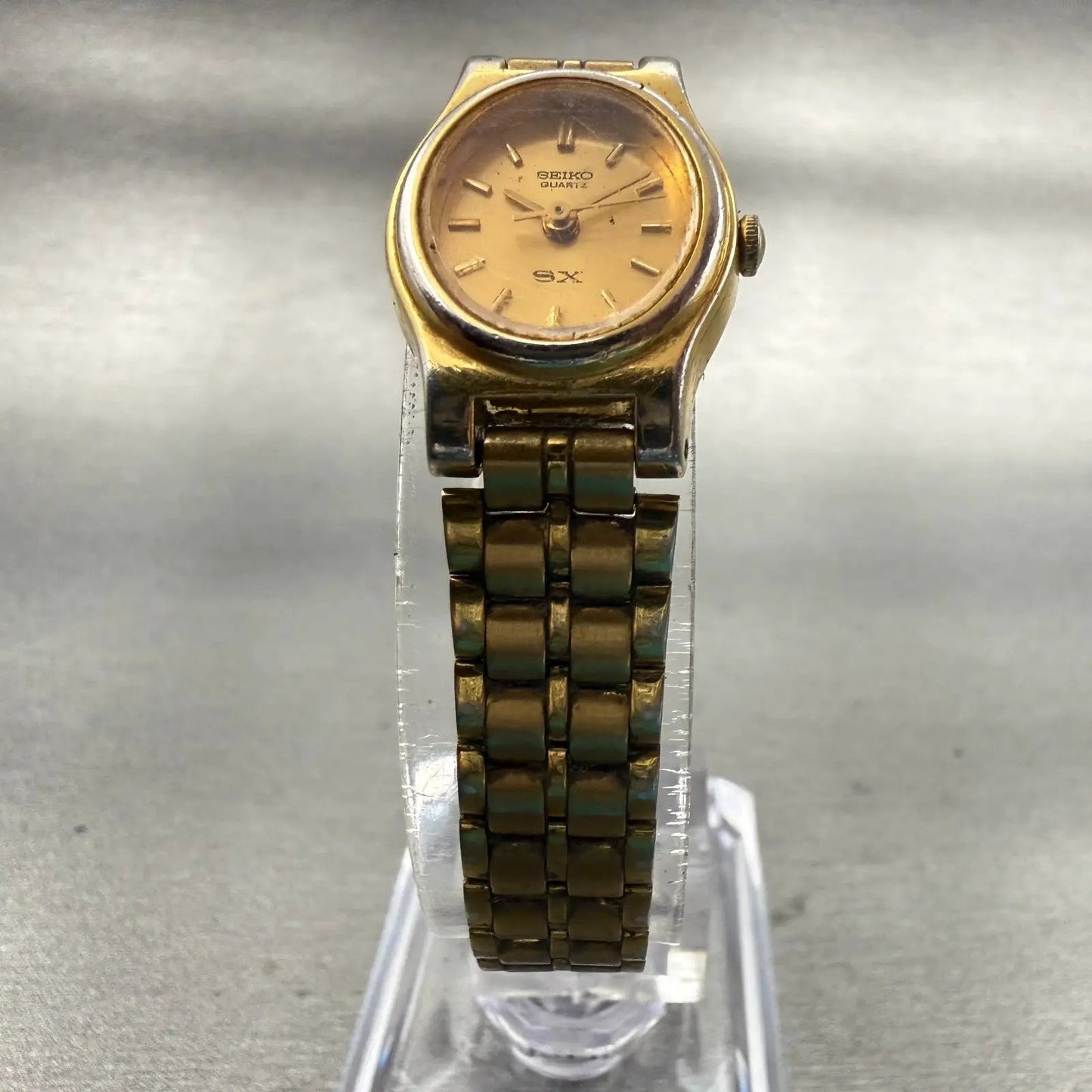 Seiko SX Watch Women 17mm Gold Dial Two Tone Oval V401-5101 New Battery Vintage5