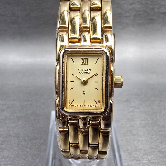 Citizen CQ Watch Women 14mm Gold Dial Gold Tone Rectangle 5421-S27239 New Batt0