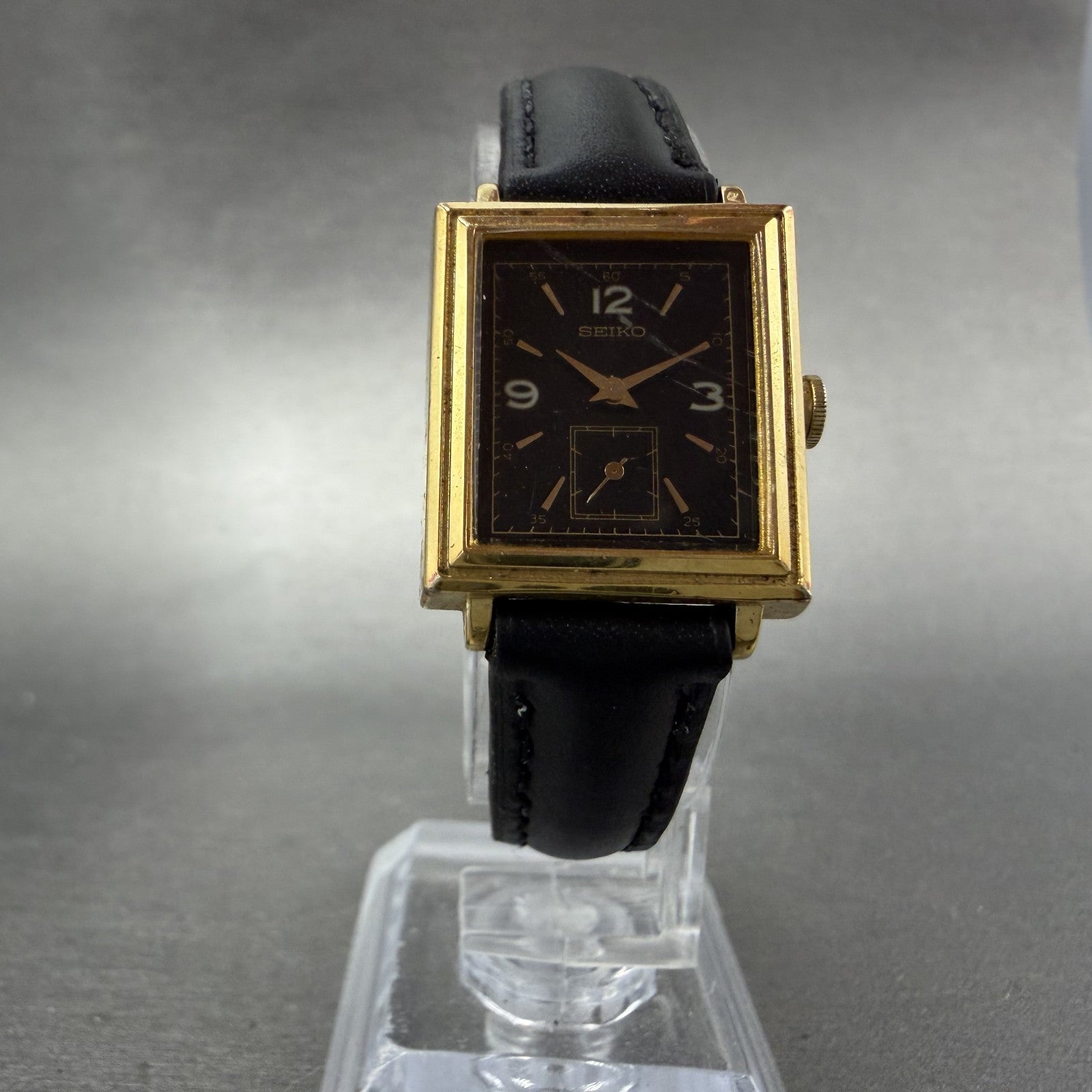 Seiko Tank Watch Women 20mm Black Dial Gold Tone Small Seconds 2G38-5060 New Bat5