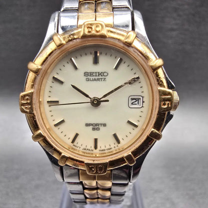 Seiko Sports 50 Watch Women 25mm Luminous Dial Two Tone Date 7N82-0261 New Batt1