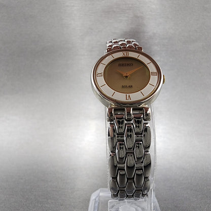 Seiko Solar Watch Women 23mm Champagne Dial Silver Tone V110-0a40 Runs
