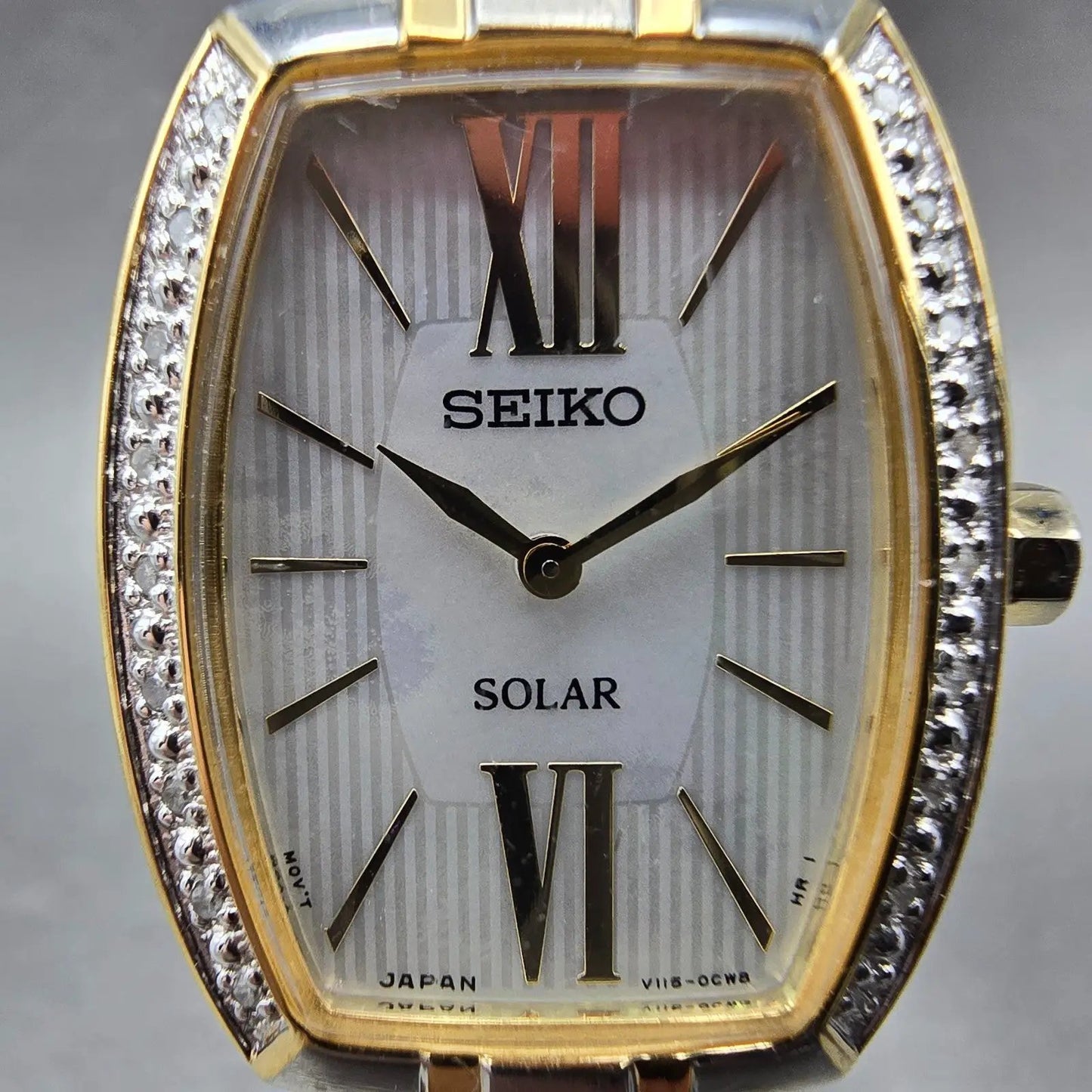 Seiko Solar Watch Women 22mm MOP Dial Two Tone Rectangle Diamonds Works BFSOK1