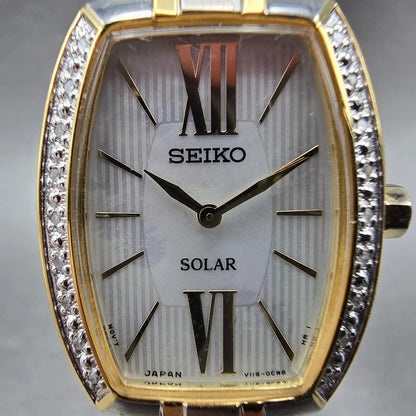 Seiko Solar Watch Women 22mm MOP Dial Two Tone Rectangle Diamonds Works BFSOK1