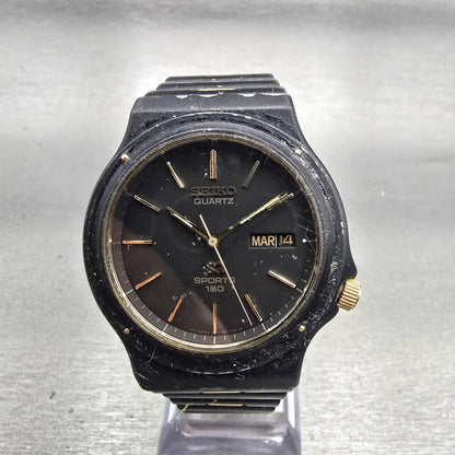 Seiko Sports 150 Watch Men 37mm Black Dial Black Tone Daydate 5H23-7029 New Batt0