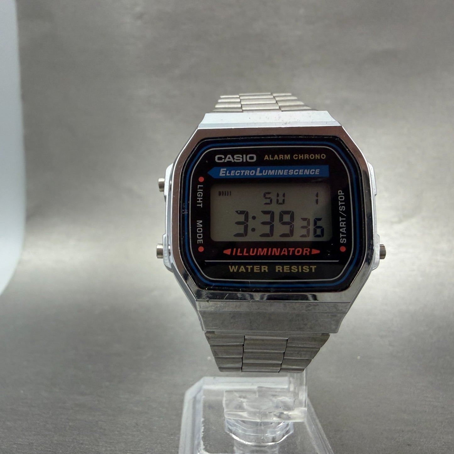 Casio A168 Illuminator Watch Men 36mm Digital Silver Tone Alarm Chrono New BattP5