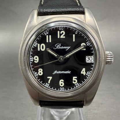 Berney Military Automatic watch Men 32mm Black Dial Steel Date Round Runs Swiss0