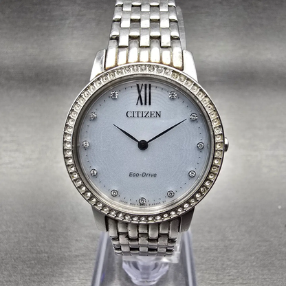 Citizen Eco-Drive Watch Women 30mm White Dial Silver Gemmed B023-R014676 Works0