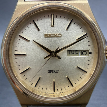 Seiko Spirit Watch Men 35mm Champagne Dial Gold Tone READ!!! Daydate New Battery1