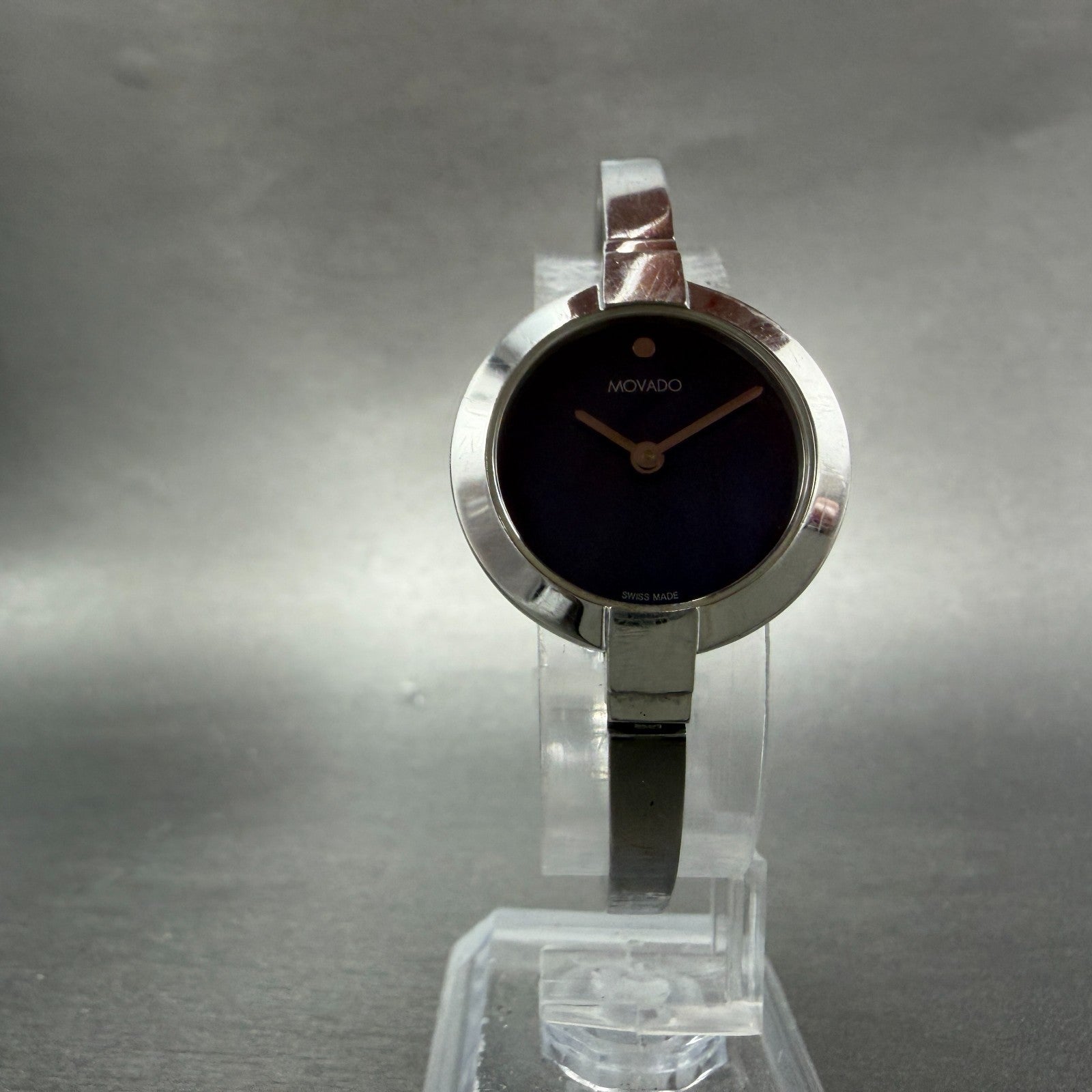 Movado Ela Bangle Watch Women 25mm Blue MOP Dial Steel Round 0607727 New Batt5