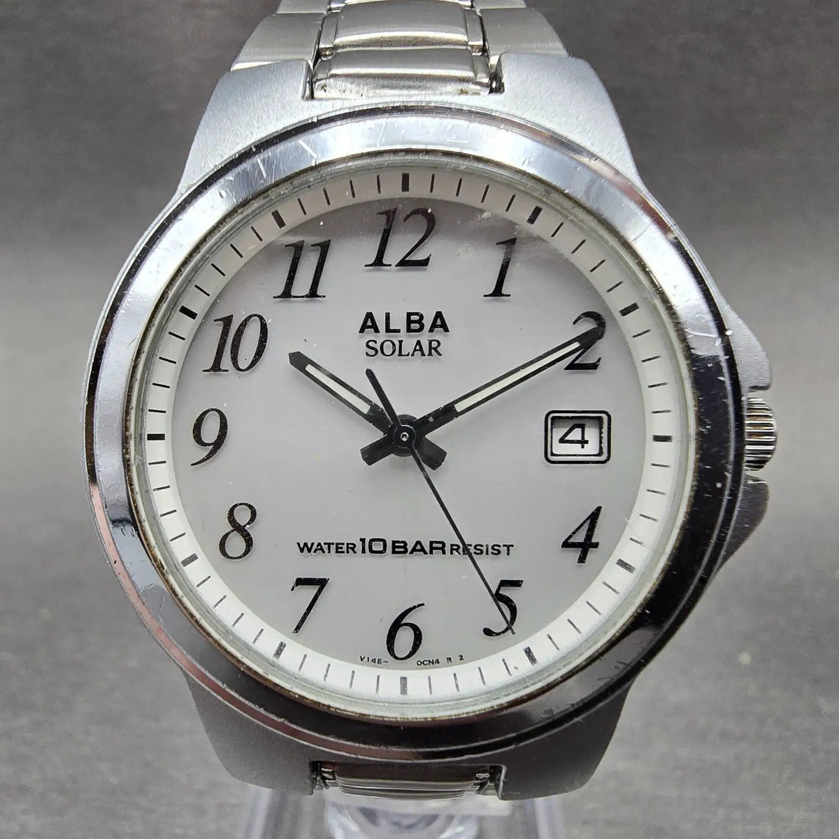 Seiko Alba Solar Watch Men 35mm White Dial Silver Tone Date V145-0BG0 Runs0