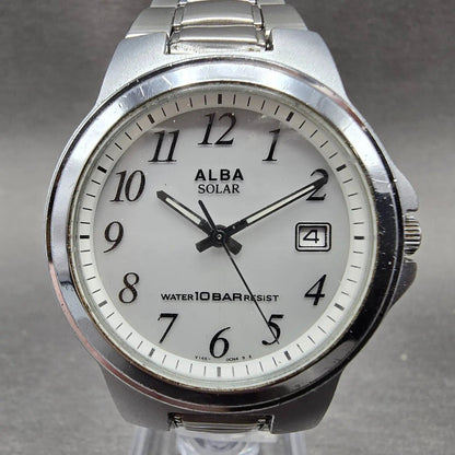 Seiko Alba Solar Watch Men 35mm White Dial Silver Tone Date V145-0BG0 Runs0