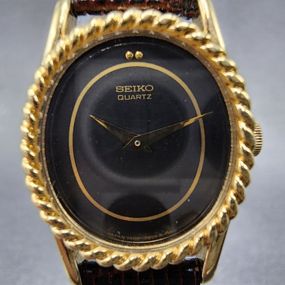 Seiko Watch Women 20mm Black Dial Gold Oval 14007170 New Battery1