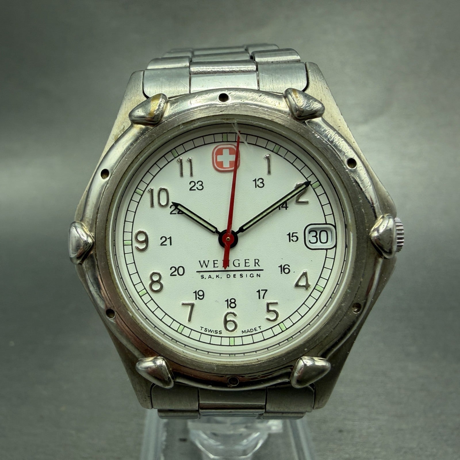 Wenger Watch Men 36mm White Dial Silver Tone Date Round PARTS Vintage0
