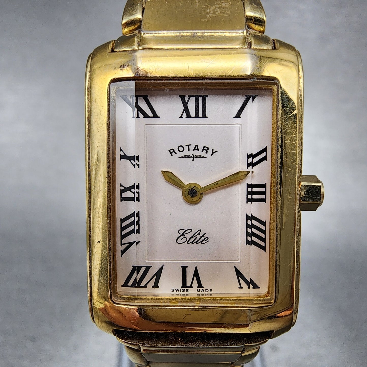 Rotary Elite Tank Watch Women 20mm White Dial Gold Tone Rectangle New Battery