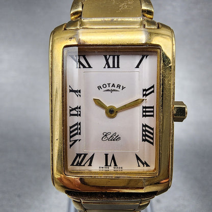 Rotary Elite Tank Watch Women 20mm White Dial Gold Tone Rectangle New Battery
