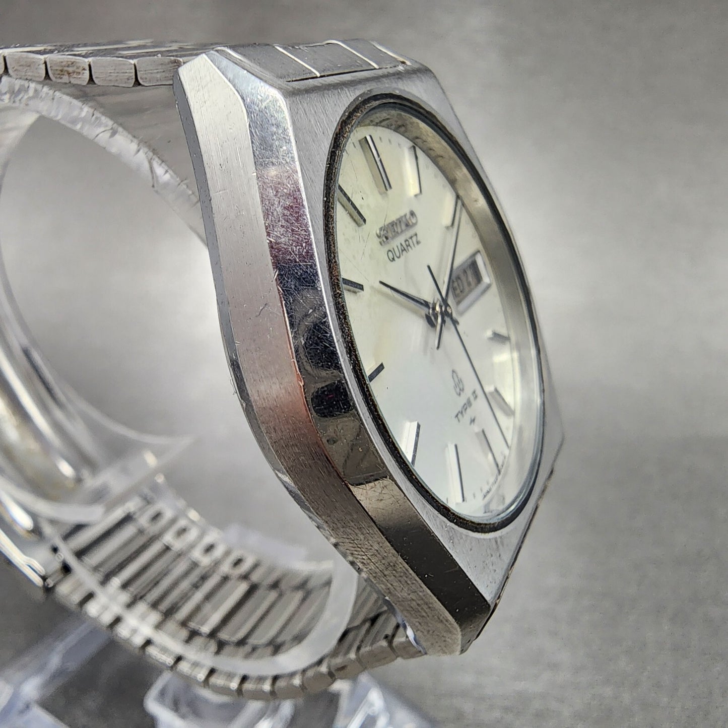 Seiko Type II Watch Men 34mm Silver Dial Silver Tone Daydate 7123-7080 PARTS