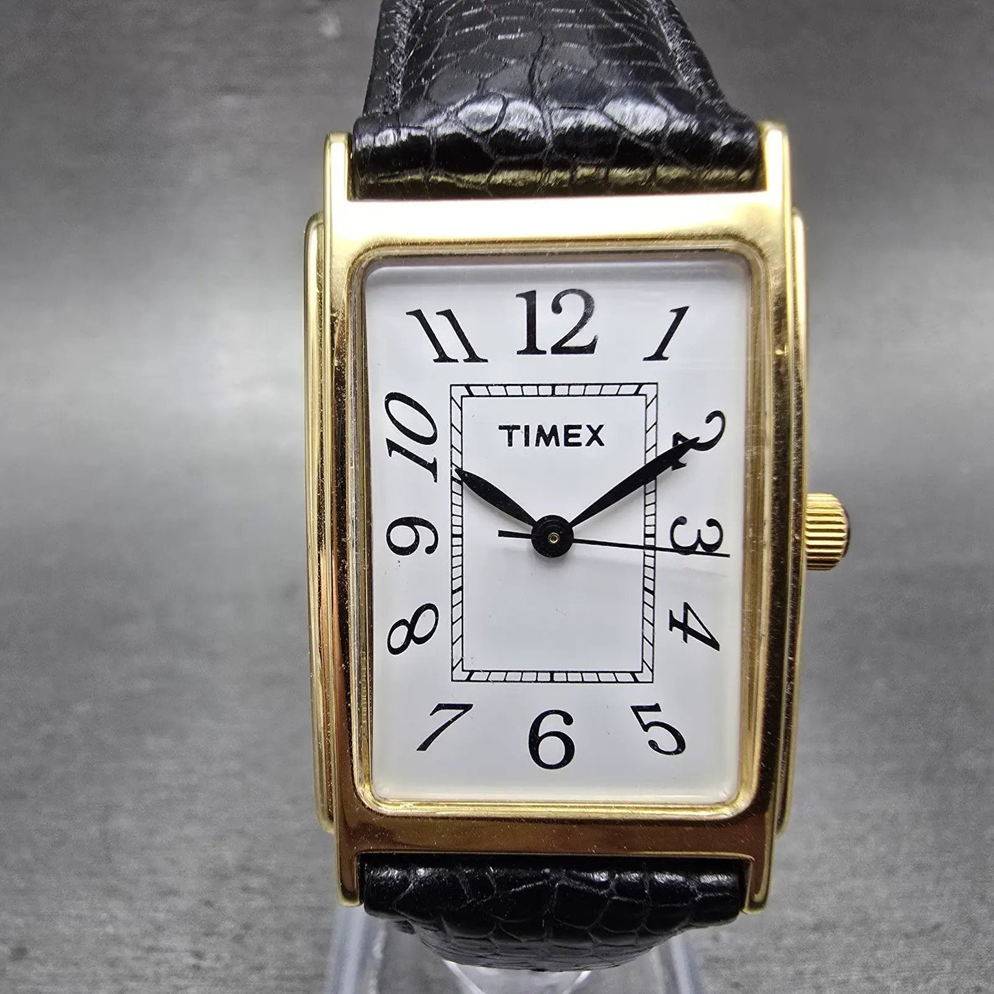 Timex Watch Men 23mm White Dial Gold Tone Rectangle New Battery VTG Leather Band0