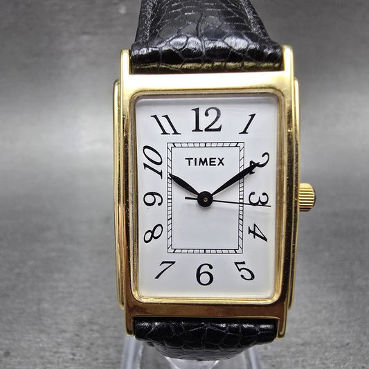 Timex Watch Men 23mm White Dial Gold Tone Rectangle New Battery VTG Leather Band0