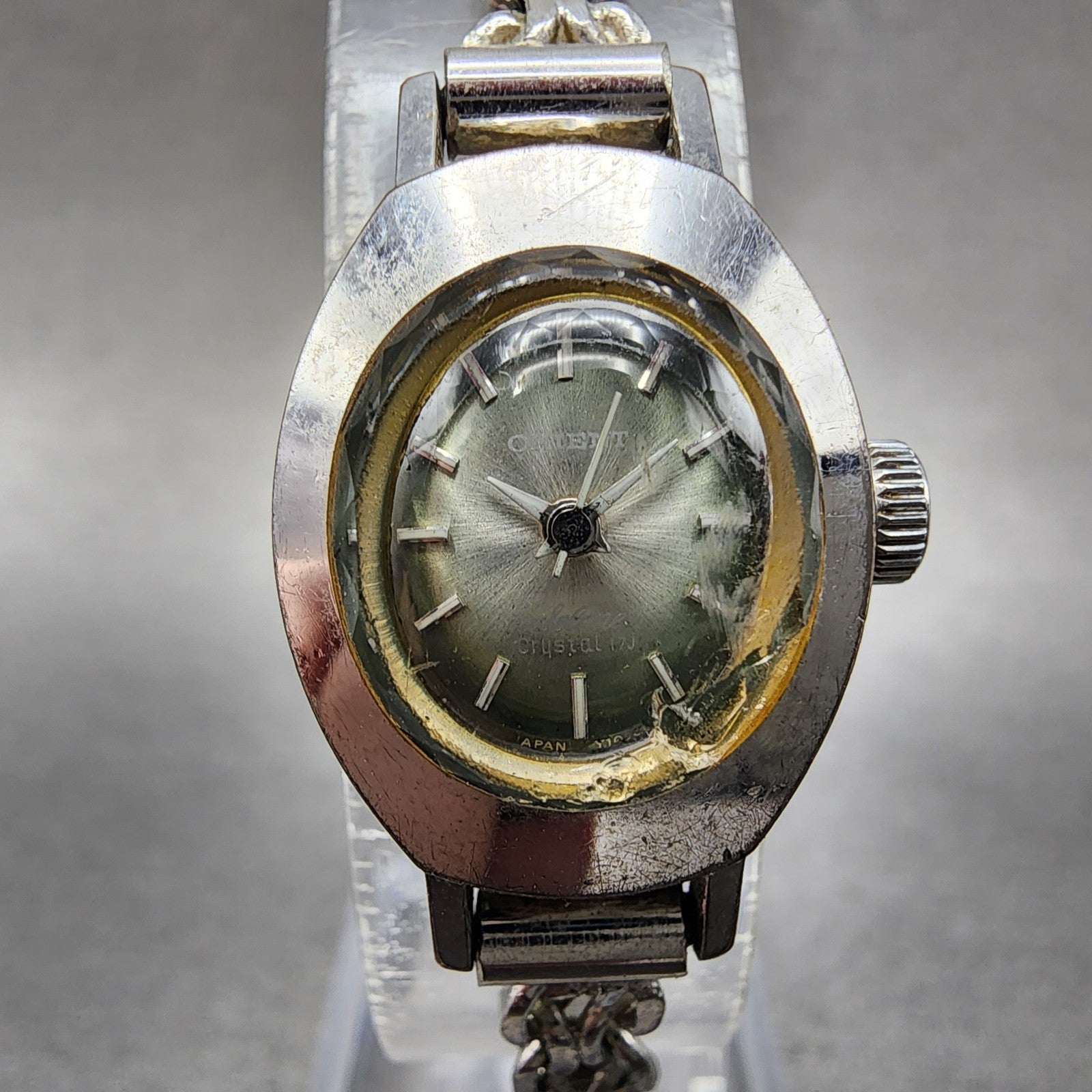 Orient Watch Women 17mm Green Dial Silver Tone Oval Manual Wind Runs Vintage0