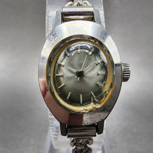 Orient Watch Women 17mm Green Dial Silver Tone Oval Manual Wind Runs Vintage0