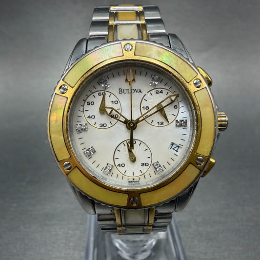 Bulova Chronograph Watch Women 32mm MOP Dial Two Tone Date 98P000 New Battery0