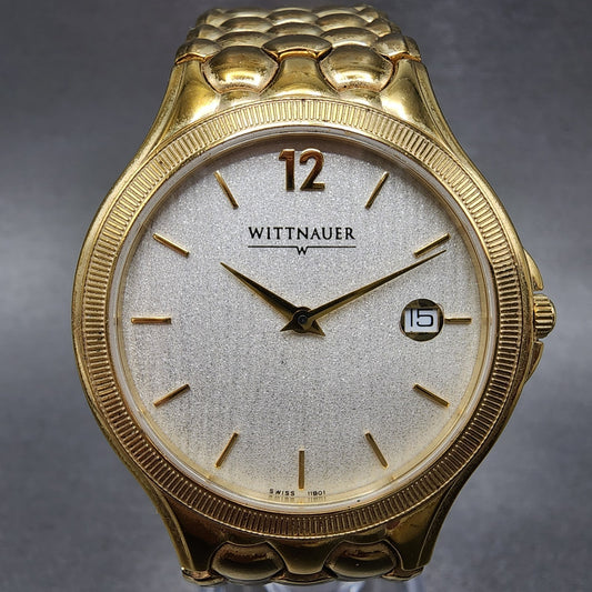 Wittnauer Watch Men 35mm White Dial Gold Tone Date Round 11B01 New Battery0
