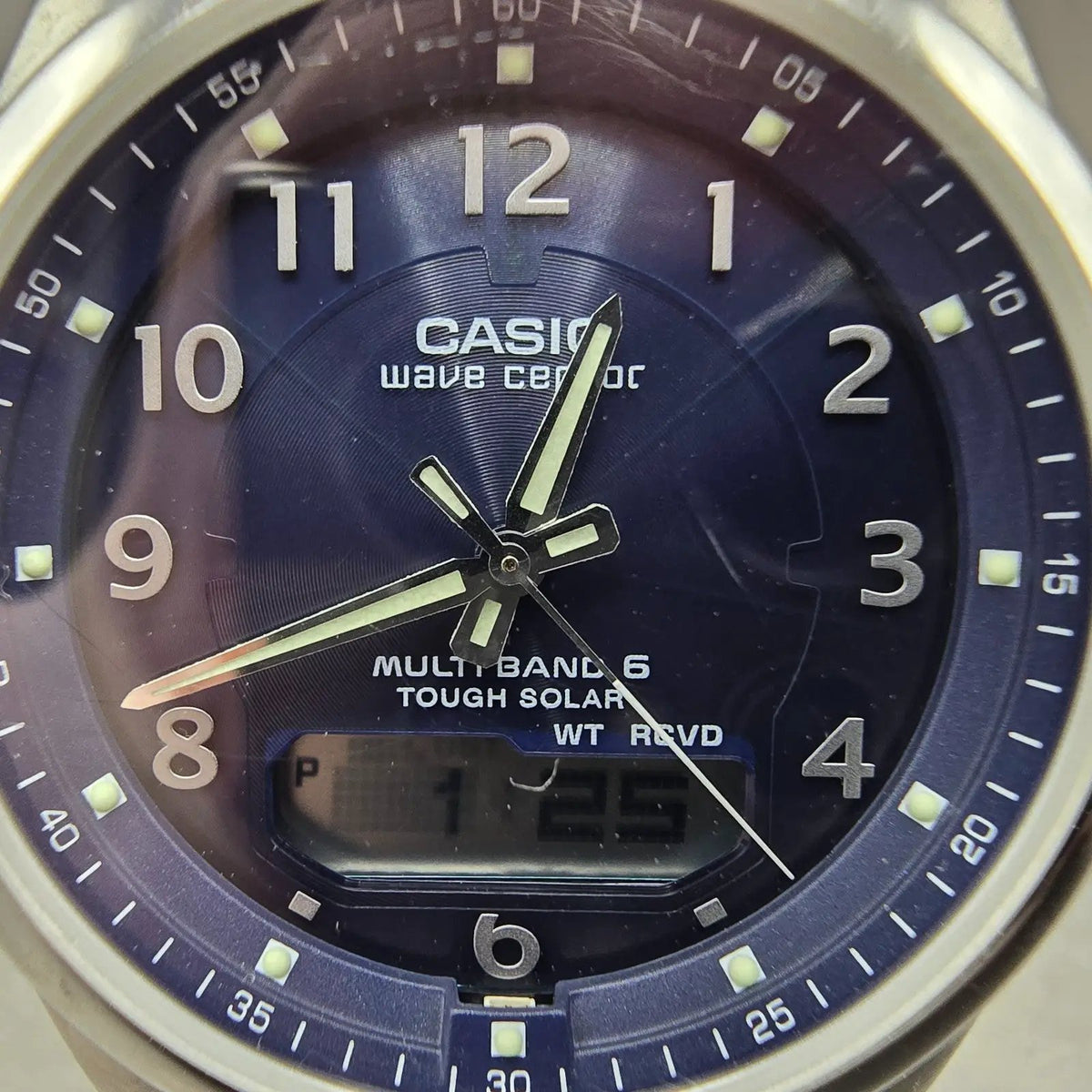 Casio Wave Ceptor Watch Men 42mm Blue Dial Steel Solar Alarm Daydate WVA-M630 JP1