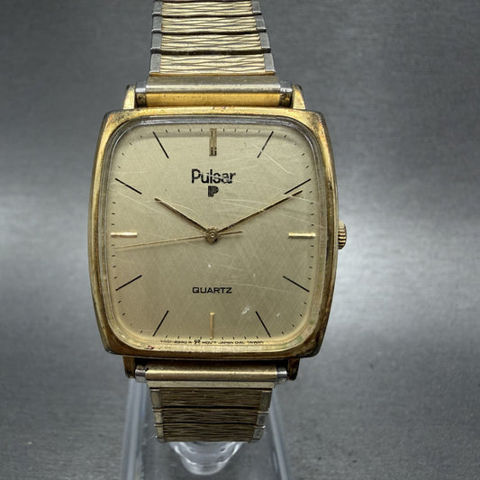 Seiko Pulsar Tank Watch Men 29mm Champagne Dial Gold Tone Y4816280 New Battery0