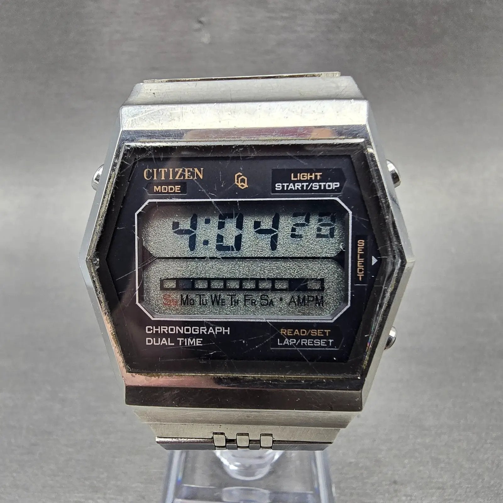 Citizen CQ Watch Men 37mm Silver Digital Chronograph 4-095723 New Battery VTG0