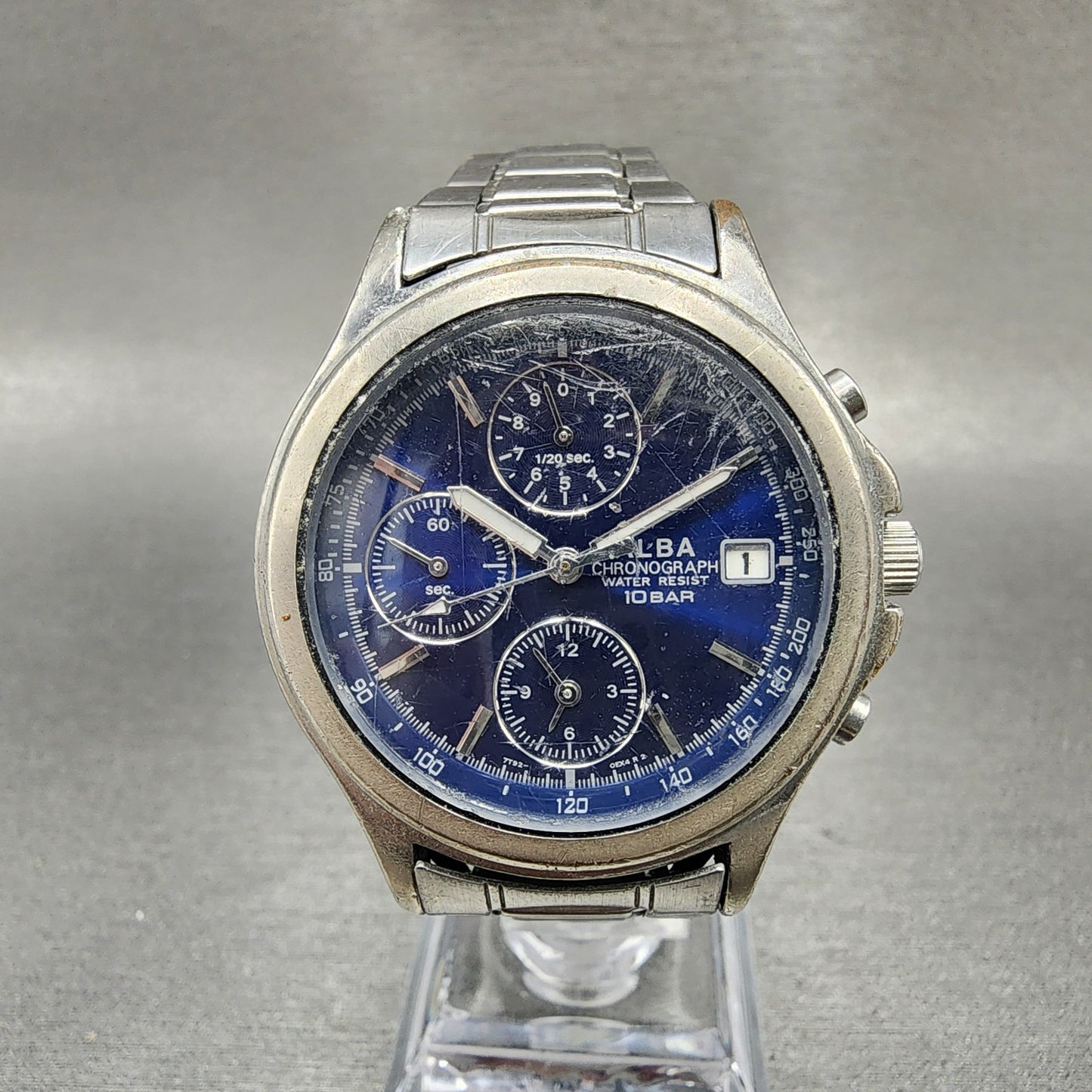 Seiko Alba Chronograph Watch Men 37mm Blue Dial Silver Tone Date 7t920ek0 PARTS0