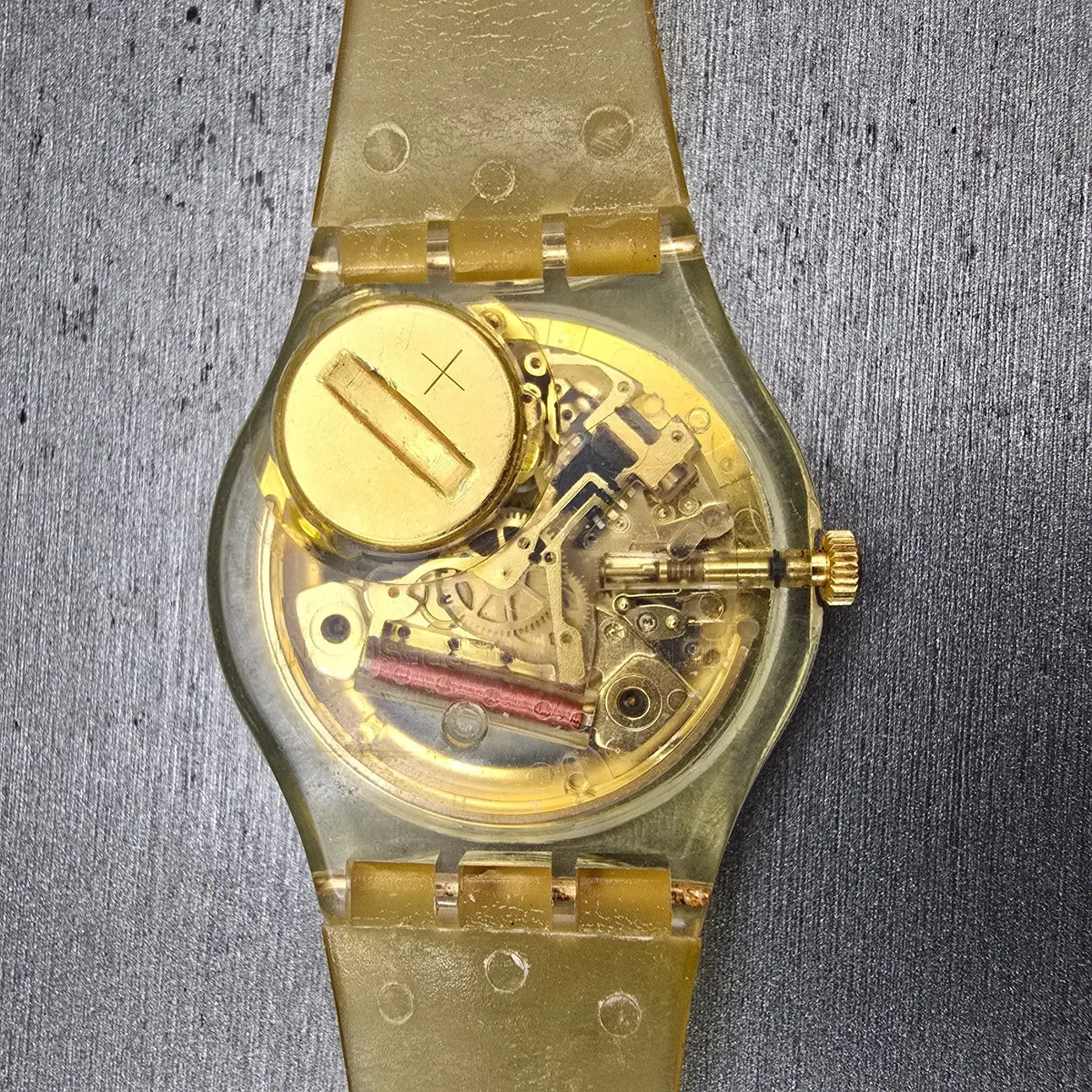 Swatch Golden Jelly Watch Men 34mm Skeleton Dial Clear Case READ! GZ115 New Batt11