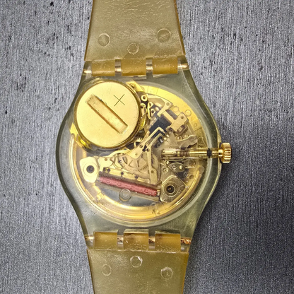 Swatch Golden Jelly Watch Men 34mm Skeleton Dial Clear Case READ! GZ115 New Batt11