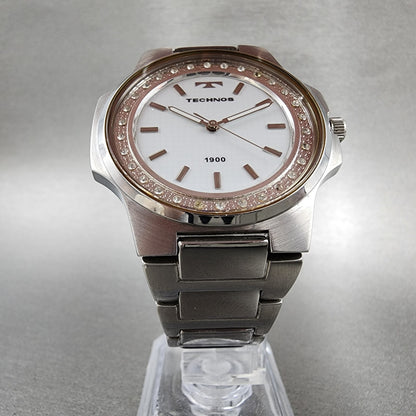Technos 1900 Watch Men 41mm White Dial Steel Octagon T2591 New Battery
