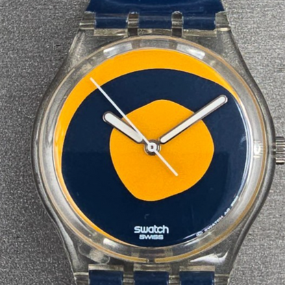 Swatch Kymata Watch Men 34mm Blue Dial Clear Case Round GE148 New Battery1