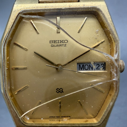 Seiko SQ Watch Men 31mm Champagne Dial Gold Tone Daydate 7123-5239 New Battery0