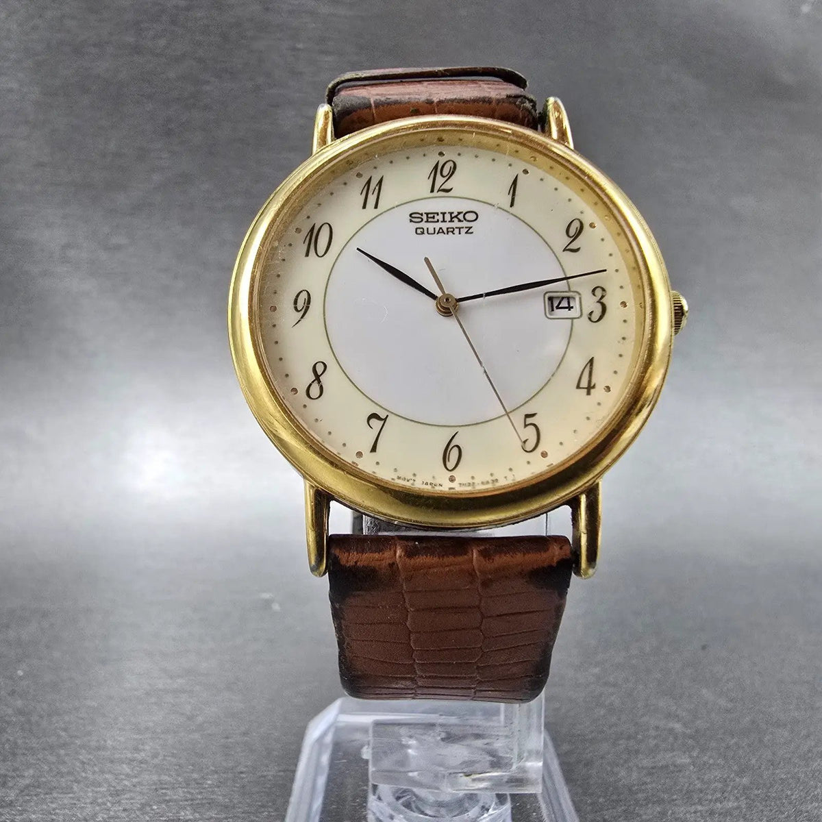 Seiko Watch Men 34mm White Cream Dial Gold Tone Date 7N22-8A09 PARTS6