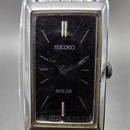 Seiko Solar Tank Watch Women 15mm Black Dial Silver Tone V116-0AA0 Runs1
