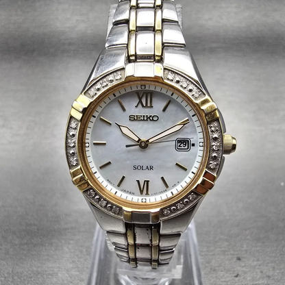 Seiko Solar Watch Women 28mm MOP Dial Two Tone Date Gemmed Round V137-0AD0 Works0