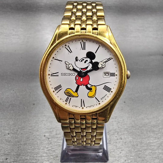 Seiko Mickey Mouse Watch Men 35mm White Dial Gold Tone Date 7N39-8009 New Batt0