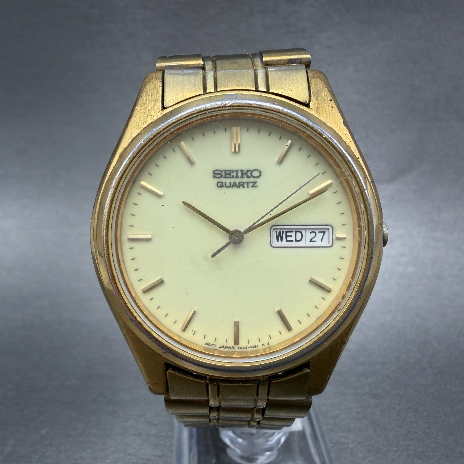 Seiko Watch Men 37mm Luminous Dial Gold Tone Daydate Round 7N43-9048 New Batt 7H0