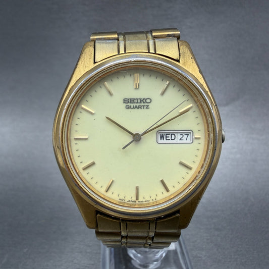 Seiko Watch Men 37mm Luminous Dial Gold Tone Daydate Round 7N43-9048 New Batt 7H0