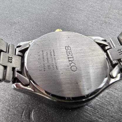 Seiko Solar Watch Women 29mm MOP Dial Two Tone Date Round V137-0AA0 Runs9