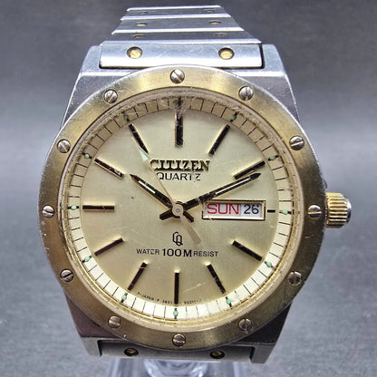 Citizen CQ Watch Men 35mm Champagne Dial Two Tone Daydate READ! 3801-450337 Runs0