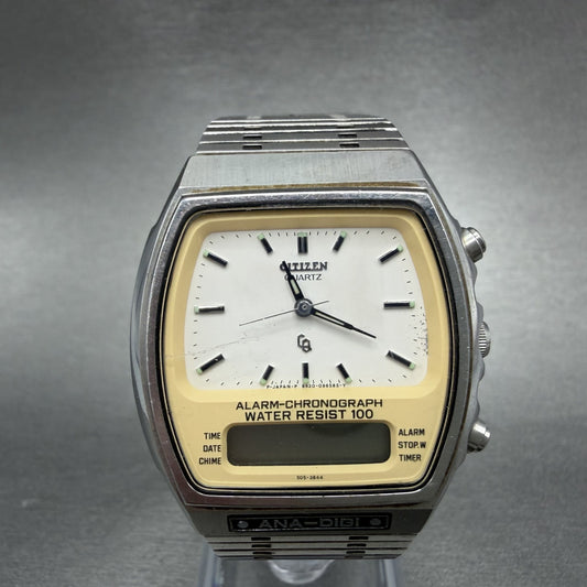 Citizen CQ Analog Digital Watch Men 34mm White Dial Silver Tone Alarm PARTS0