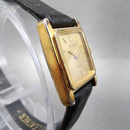 Seiko Lassale Tank Watch Women 14mm Gold Dial Gold Rectangle 1E505119 New Batt3