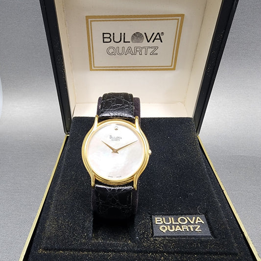 Bulova Watch Men 33mm MOP Dial Gold Tone Round 97A28 NOS New Battery0