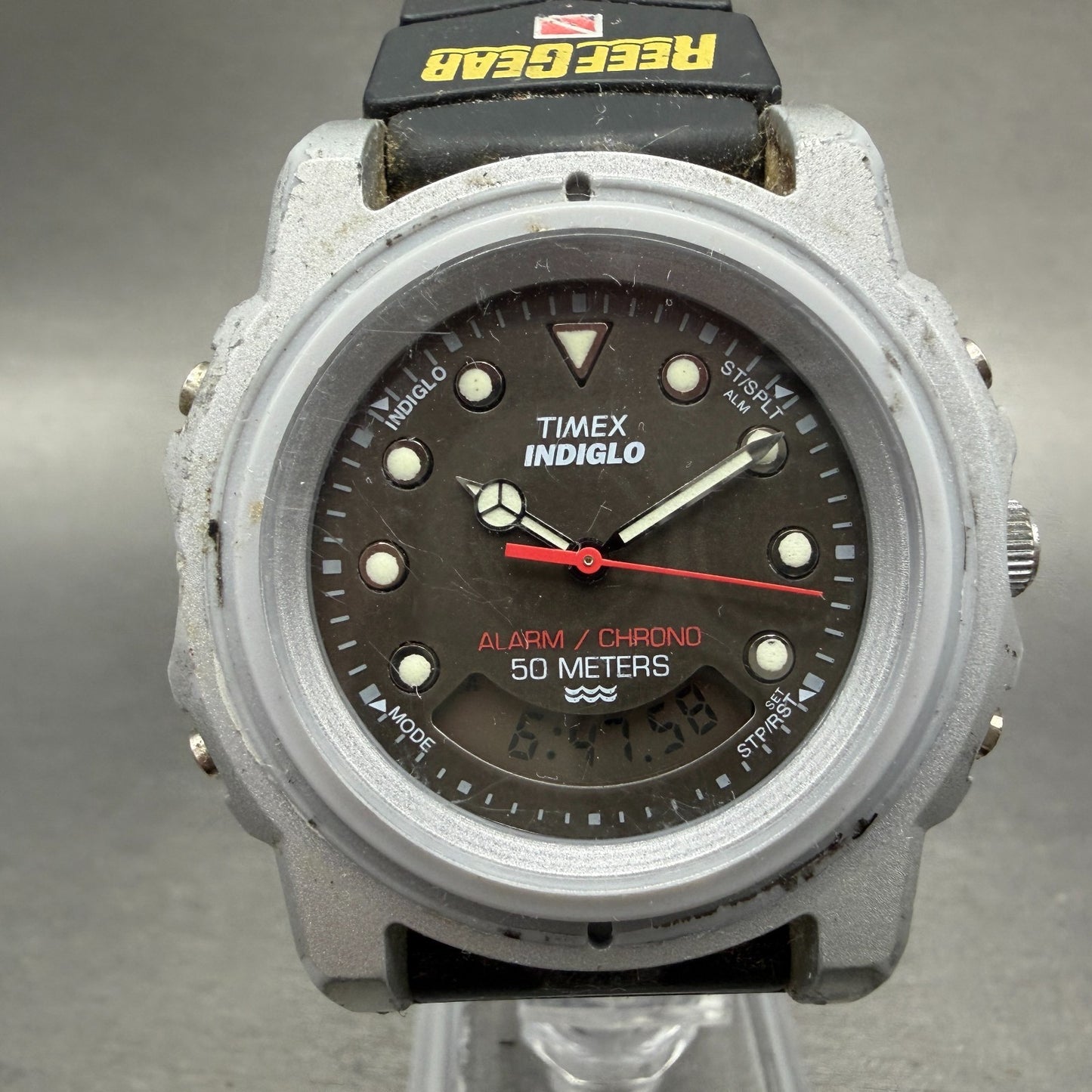 Timex Reef Gear Watch Men 42mm Gray Dial Silver Tone Ana Digi New Battery0